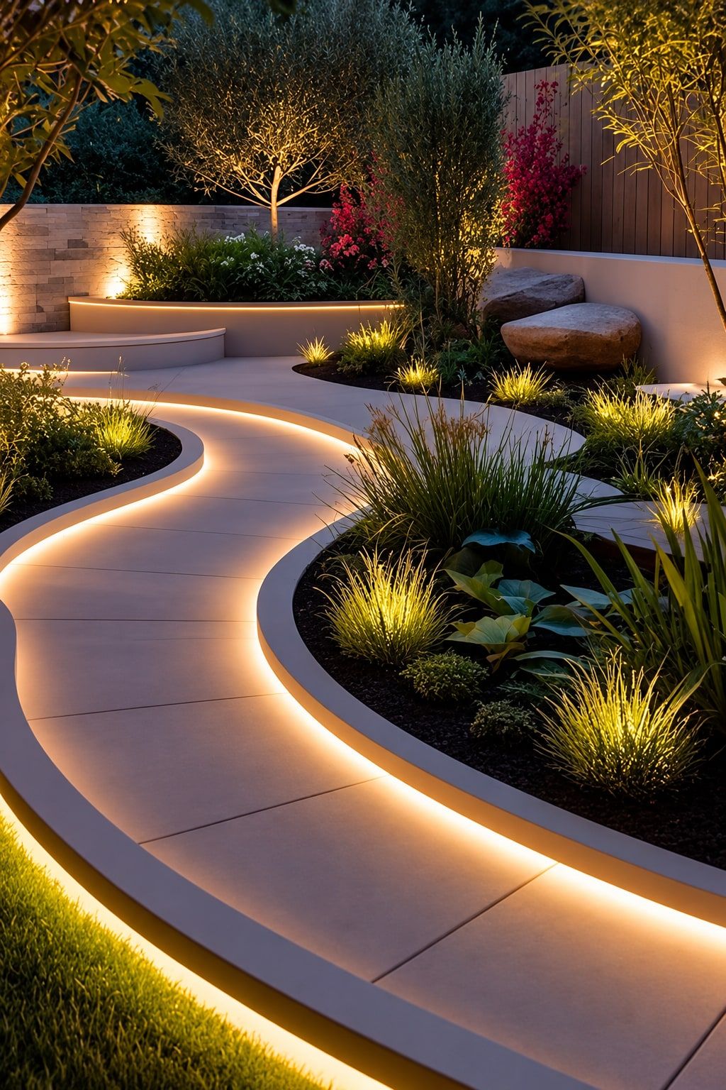 Curved concrete walkway with lighting run under the edge, washing the path and the planted beds at dusk