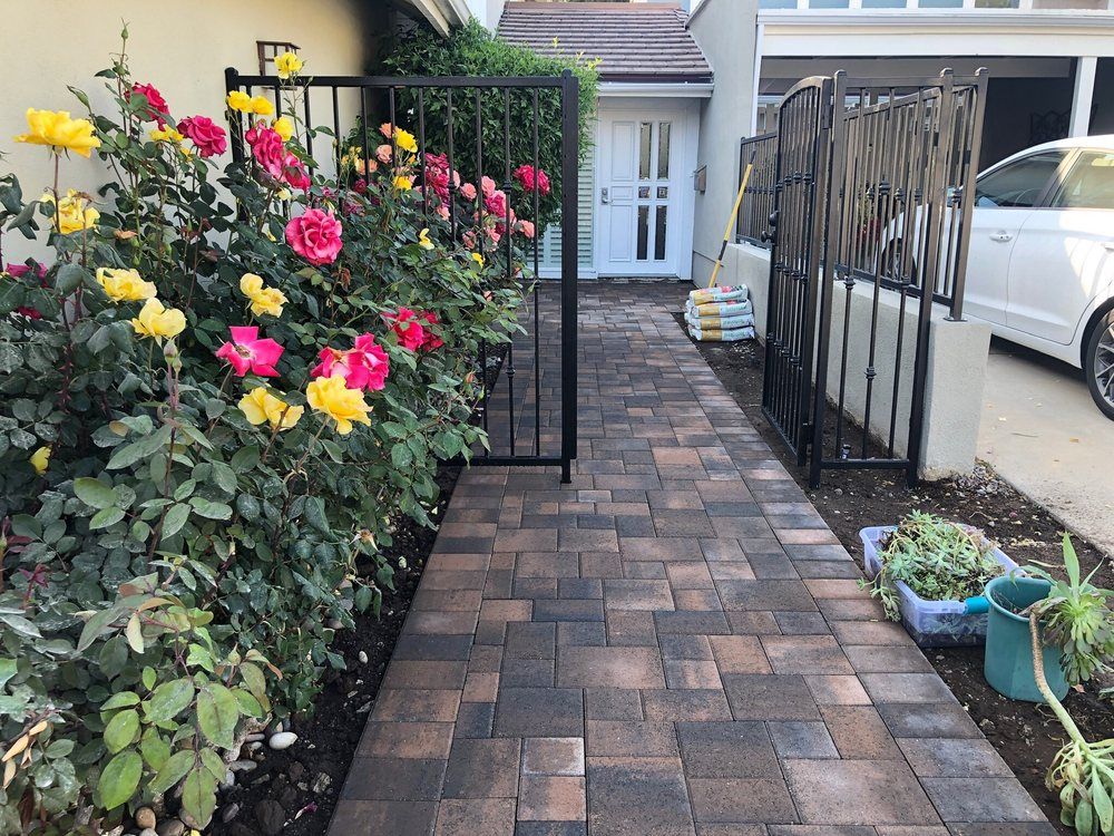Paver walkway running between beds of flowering roses to a side gate